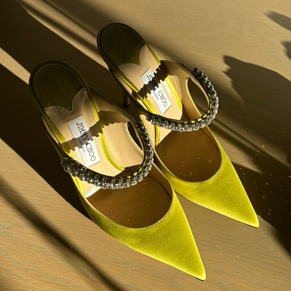 Jimmy Choo chartreuse green lime satin crystal high heels - Picture 3 of 4